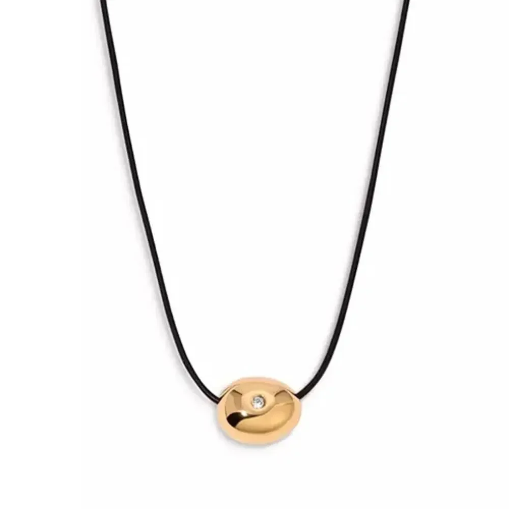 NIB Ettika Pavé Polished Pebble Leather Cord Pendant Necklace 18K Gold Plated